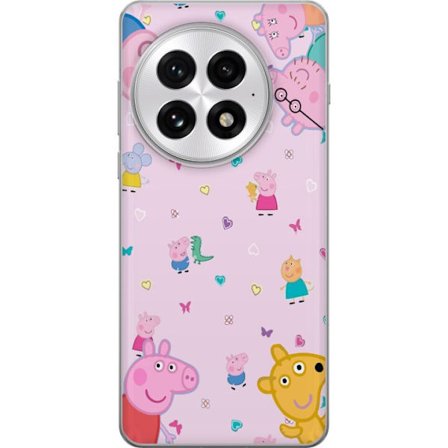 Kompatibelt Mobildeksel til OnePlus 13 Peppa Gris med en baby i armene, mamma gris motiv i fargerik og myk barneillustrasjon med hjerter