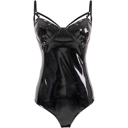 Uusin malli 2025 Naisten yksiosainen halter-haalari Wet Look -nahkaleotardi Body Black-tuzi Koko M