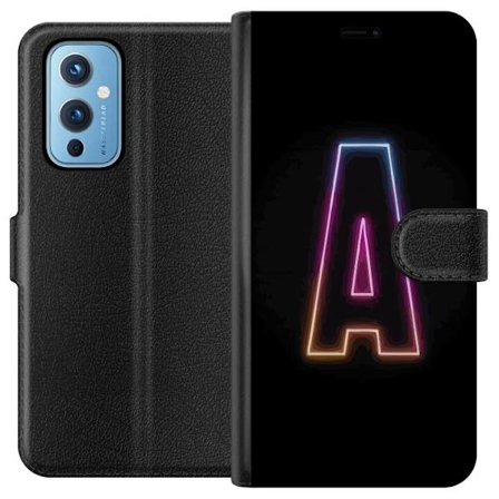 Kompatibel Tegnebogsetui til OnePlus OnePlus 9 Minimalistisk neonbogstav A i regnbuefarvet lys mod sort baggrund i moderne typografisk stil