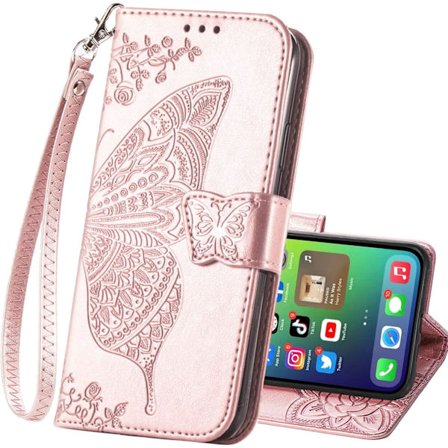 til iPhone 17 Wallet Case, Flip Folio Case til Kvinder med Kreditkort Holder Præget Sommerfugl Blomst PU Læder Wallet Håndledsrem Stand Case til