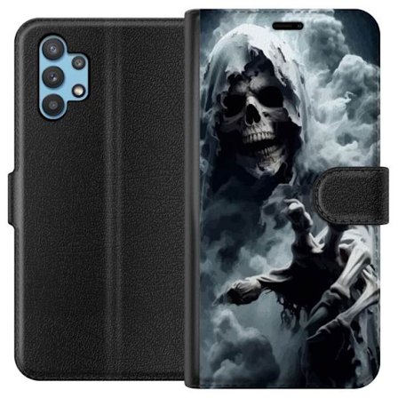 Yhteensopiva Lompakkokotelo Samsung Galaxy A32 5G Grim Reaper juliste kuoleman kallo tumma taide kauhu aave sumu kuoleman kallo pelottava tumma suunni