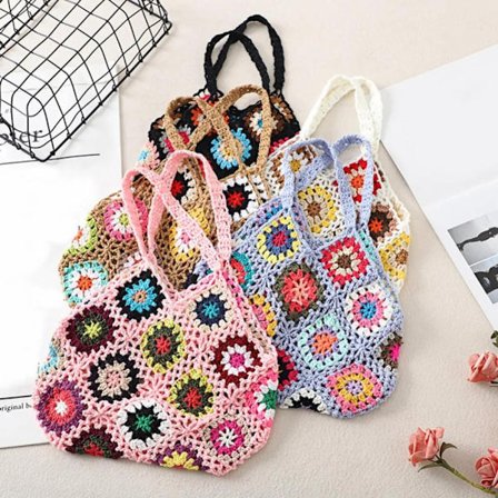 Vintage Trendy Floral Crochet Large Capacity Tote Bag Knitted Bag Cut-out Boho Bag Hollow Out Handbag