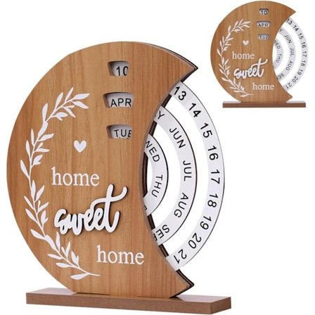 Måne Evighedskalender, Bordkalender Ornament i træ, Vintage Evighedskalendere Roterende Bordkalender, DIY Hjemmekontor Borddekoration...