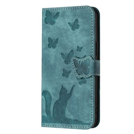 Etui til iPhone 14PLUS Grønn-preget sommerfugl katt skinn etui sommerfugl katt 3D-preget flip lommebok med kortholder
