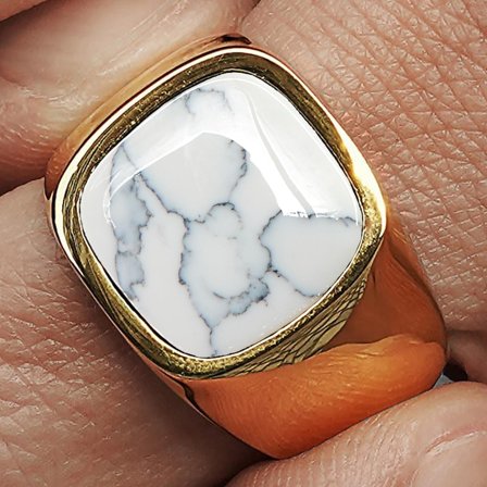 Len White Howlite Gold-Tone Gravel Ring for Men - Rings with stones