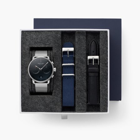 Nordgreen Minimalistist Large Wrist Watch Men's Scandinavian Wrist Watch - Black Dial - Silver - Silver Mesh / Navy Nylon / Black Leather 42mm Straps 