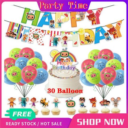 【Festtid】Cocomelon-tema Födelsedagsfest Dekorationsset för Barn Pojkar Flickor Present Grattis på Födelsedagen Banderoller Tårtdekorationstillbehör