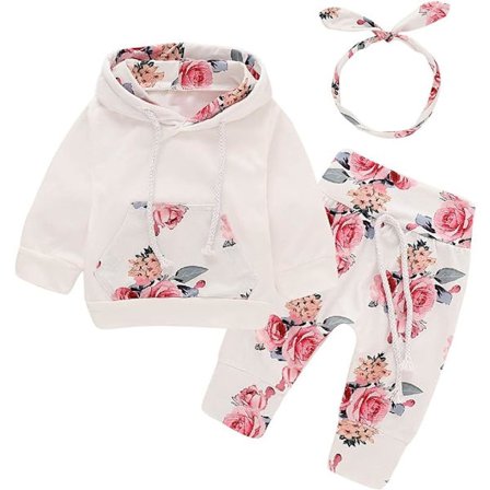 Nyfødt baby langærmet floral hættetrøje toppe + bukser tøj outfits