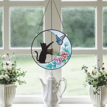 2 stk. 16x16cm Katte-Mindesmærke Solfanger Farvet Akryl Vindue Hængende Paneler Indendørs Udendørs Runde Vinduer Hanger Køkken Væ