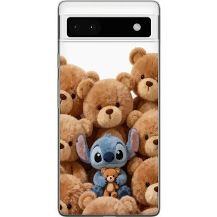 Kompatibel Mobilcover til Google Google Pixel 6a Sød og sikker illustration med Stitch omgivet af bamser, der skaber en varm og legende følelse for