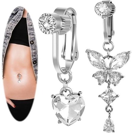 2 stk. Clip-on Fake Navlepiercing til Kvinder, Sommerfugl- og Hjerteformet Ikke-Piercing Sølv Fake Navlering Smykker til Kvinder