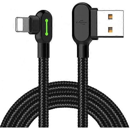 Rätvinklig USB-kabel med LED-lampa, 90 graders nylonladdningskabel, reversibel USB-snabbladdare, datasynkroniseringsadapter, fungerar med iPhone
