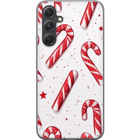 Yhteensopiva Puhelinkuori Samsung Galaxy S24+ Jouluinen pallokuoseilla varustettu kuvio punaisilla ja valkoisilla piparminttutankoilla, tähdillä ja lu