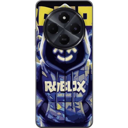 Kompatibelt Mobildeksel til Xiaomi Xiaomi Redmi A4 Blågul Roblox hettegenserfigur med minimalistisk neonstil og masket ansikt, moderne spillillustras