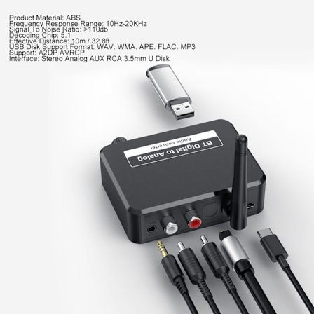 Digital-til-analog lydkonverter Bluetooth 5.1 RCA Digital til Analog Mottakerkonverter for PS3 for PS4 DVD Hjemmekino