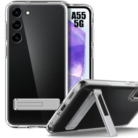 Fodral för Samsung Galaxy A55 5G i genomskinlig silikon med silver vikbart stativ - stötsäkert skydd Klar, Silver