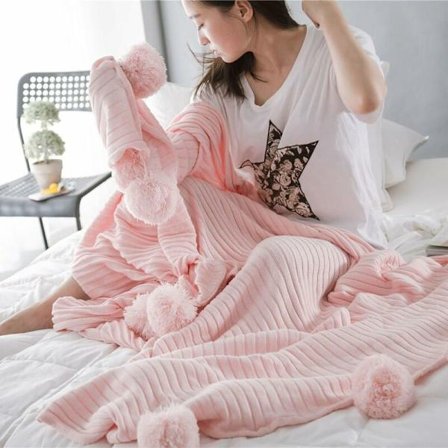 100 % mjuk bomullsstickad filt med tofsar och tofsar, allergivänlig, för soffa/säng - 90 x 90 cm (rosa) -