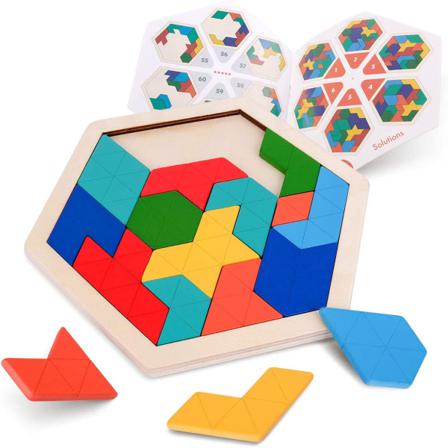 Trä Hexagon Tangram Pussel För Barn Vuxna - Geometrisk Form