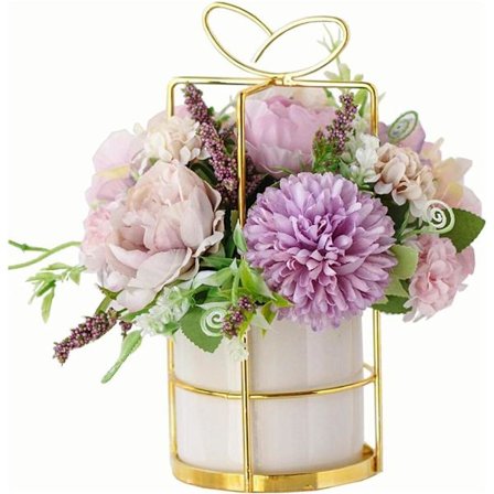 Kunstige Blomster Falske Pion Silke Hortensia Blomst med Vase Blomsterindretning Arrangementer til Bryllupsdekoration Bord Midterstykker (Lilla med