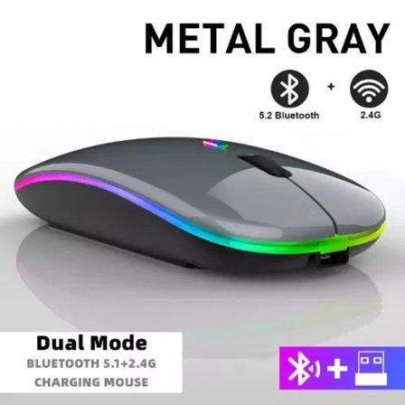 Uppladdningsbar Trådlös Bluetooth-mus med 2.4Ghz USB RGB 1600Dpi Mus (Grå)