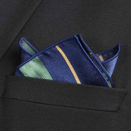 Batistă de buzunar din mătase bleumarin cu dungi verzi și auriu pentru bărbați - Batiste de buzunar cu imprimeu