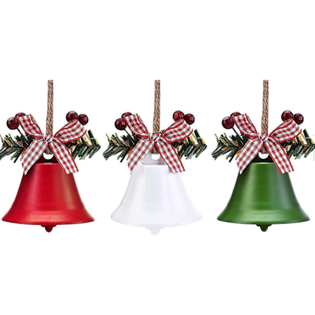 3 stk. Juleklokker Ornamenter i Rød Hvid Grøn, Juletræsklokker Vedhæng med Kristtjørn