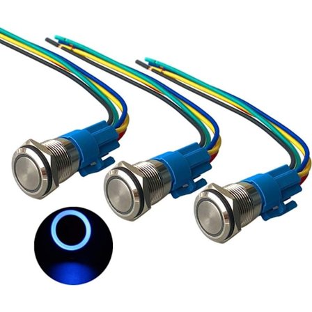3 stk Premium 12V/24V 5A Momentary Trykknappbryter, 16mm Trykknappbryter, Blå LED IP67 Vanntett Bryter med Strømkontaktledning