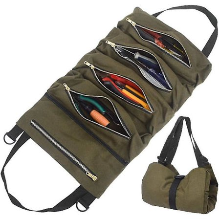 Verktøyveske med 5 glidelåslommer, bærbar lerretsverktøyveske, verktøyrull auto arrangørverktøy for elektrisk