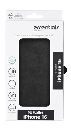 Essentials iPhone 16 PU wallet, recycled, 3 cards, black