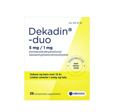 Dekadin-duo 5 mg/1 mg sugetabletter med sitronsmak 36 stk