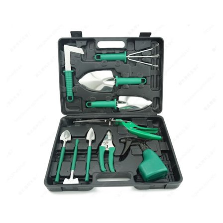 10-delad trädgårdssats, trädgårdsredskap med ergonomiska halkfria handtag, inklusive kratta, planteringsredskap, spade, spruta och trädgårdslåda.