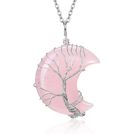 Rosekvarts Healing Krystal Halskæde Livets Træ Trådviklet Halvmåne Lmell Gave