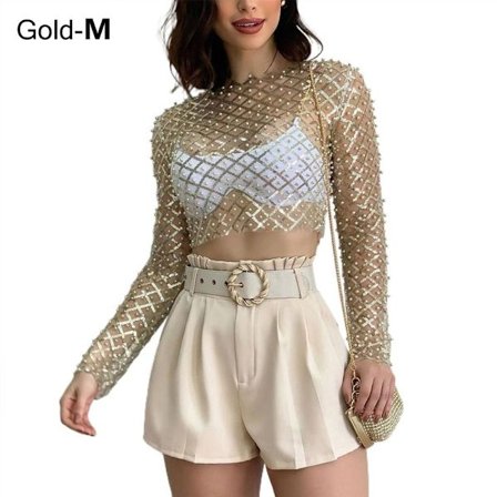Sexy Crop Topper for kvinner Mesh Pearl Topper GOLD M M