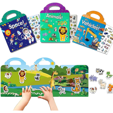 3-pack klistermärkesböcker för barn 2-4 år, återanvändbara klistermärken för småbarn, resor, lärande leksaker, klistermärken för barn