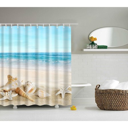 Bruseforhæng, Havmønstre, Strand, Hav, Bølge, Søstjerne og Skal, til Badekar, Tekstil, Mugbestandigt, Vaskbart med 16 Metalringe, (B x H)