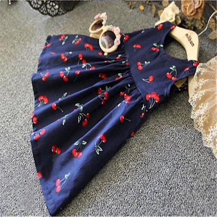 Pige Kjole med Ærmeløs Vest i Blå Cherry Bomuld med Blonder