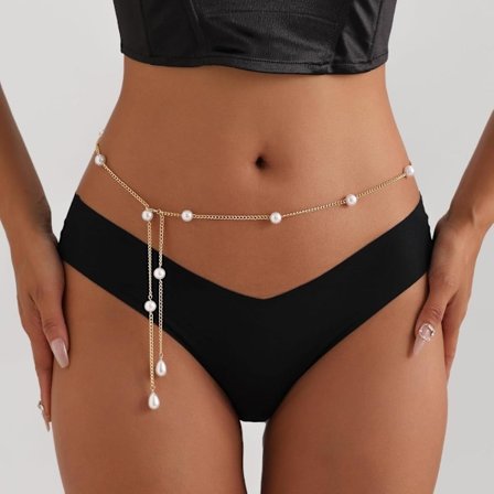 Bohemsk Falsk Perle Bikini Kroppskjede for Kvinner Justerbar Vanntett Mage Midje Smykker Lagdelt Cubic Zirconia Badedrakter Strandkjeder 