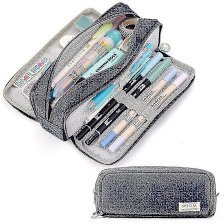 Large Pencil Case Big Capacity 3 Compartments Canvas Pencil Pouch For Students