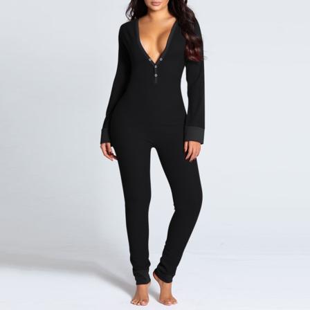 Butt Flap Underkläder Jumpsuit Dam Onesie Pyjamas Rygg Button-down Bodycon Nattkläder Vuxna Onesies Combinaison Pyjamas Femme Black XL