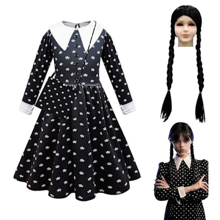 Girls Cosplay Onsdagsdansklänning Kostym med peruk