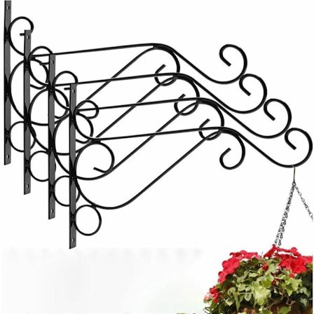 4-pakks smidde jern hengende plante kroker med skruer - 30,5x20,5cm Retro vegg plante krok for hage, balkong, lanterne, planter - Svart
