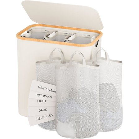 Vasketøjskurv 160L med låg – 3 sektioner vasketøjssorterer med 5 etiketter, ekstra stor vasketøjskurv til soveværelse og vaskerum