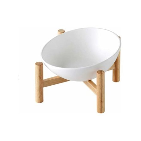 Valkoinen kohotettu kulhoteline Kallellaan oleva kulho koirille ja kissoille Keraaminen bambupuutelineellä Pieni