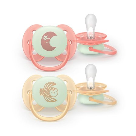 Philips Avent Ultra Soft Nat Sut - Lyser i Mørket 2-Pak Lyserød/Gul 0-6 m, Børn & Forældre, Sutter, Silikonesutter