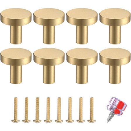 8 stk. dørhåndtag, runde messinghåndtag med enkelt hul, vintage skabsknapper, til kommode, skab, med matchende skruer og skruetrækker - 20*20mm/guld
