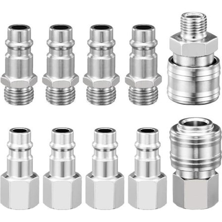 10 stk. 1/4" BSP Kompressor Fittings, Hurtigkobling Trykluft Fitting, 1/4" BSP Hurtigkobling Slange Fitting Han Hun Stik