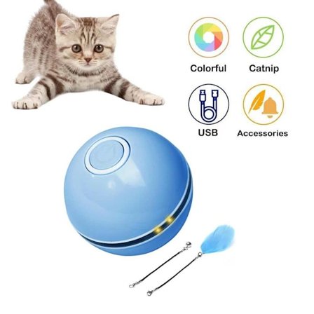 Indendørs kattelegetøj, 360 graders interaktivt automatisk kattebold, USB-genopladelig med LED-blitz og indbygget katteurt blå