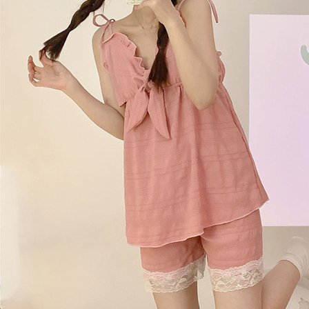 Dam Pyjamas Set Korta Sommar Skum Bomull Suspender Shorts Söta Spets Loungewear med Bröstkudde 816 Rosa L