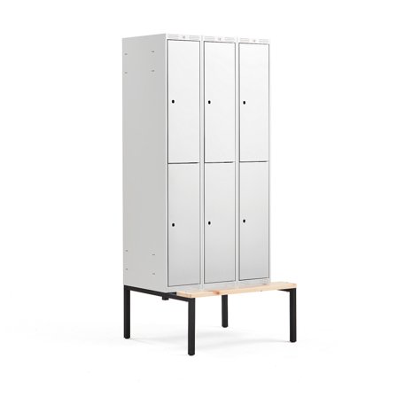 Kleiderspind CLASSIC mit Sitzbank, 3 Module/2 Türen, 2120 x 900 x 550 mm, grau