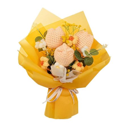 Strikket blomstergarnbukett GUL